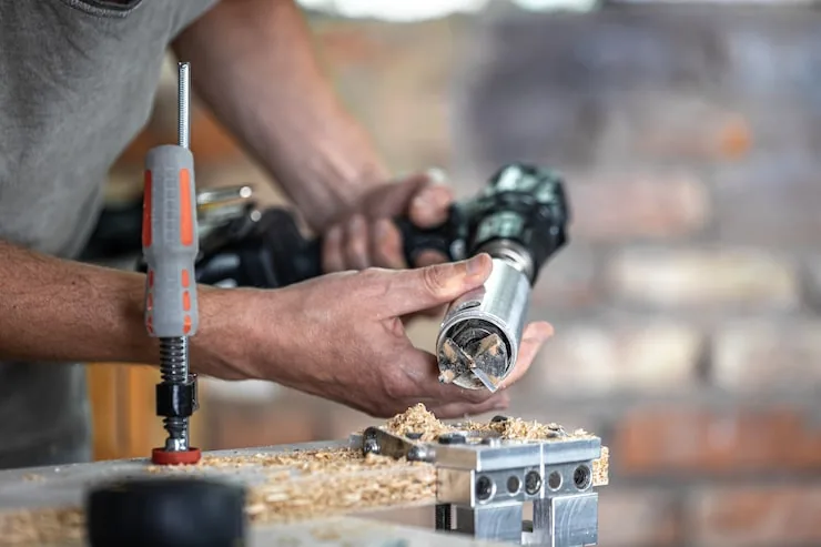 Atornillando una bisagra con taladro al montar un mueble