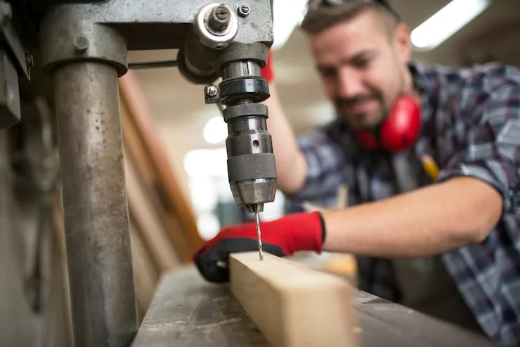 Taladro inalambrico perforando madera