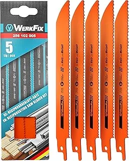WERKFIX Hojas de sierra de calar/MADE IN GERMANY/para madera y metal. Juego de 5 hojas de sierra de sable (Bosch, Black Decker, Einhell, Makita, etc.). Cuchillas para cortes rápidos HSS-Bi 150 mm.