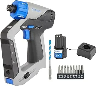 Dremel Blueprint 12V 3 en 1 Atornillador/Taladro Sin Cable y Escobillas Kit con Detector, Nível Láser Extraible, 9x Puntas de Atornillar, 1x Broca Multimaterial, Nivel de Burbuja